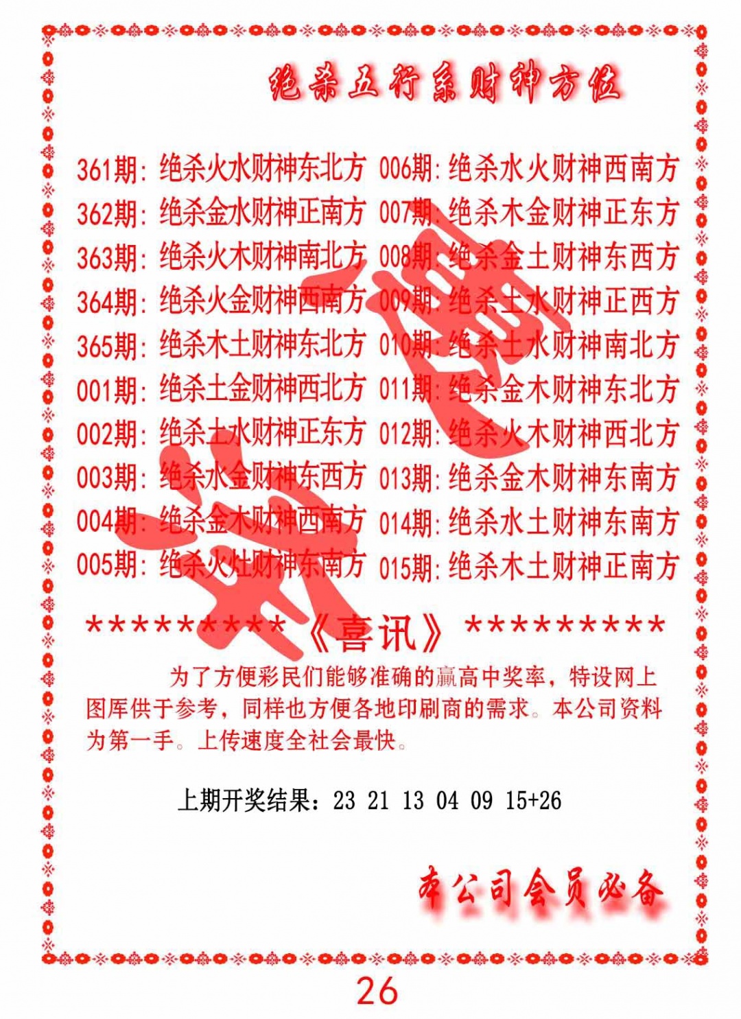 364期绝杀五行及财神方位[图]